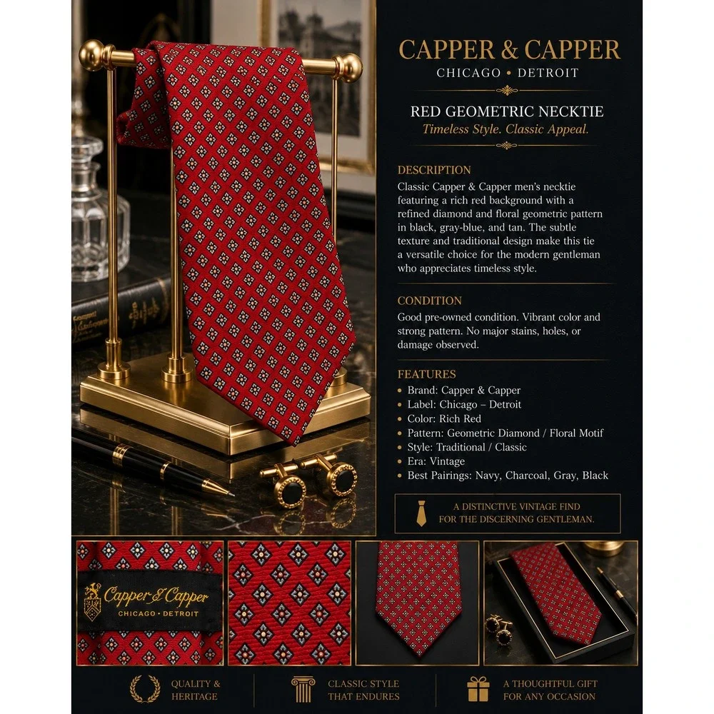 Capper & Capper Chicago Detroit Men's Red Geometric Necktie Vintage Classic Tie
